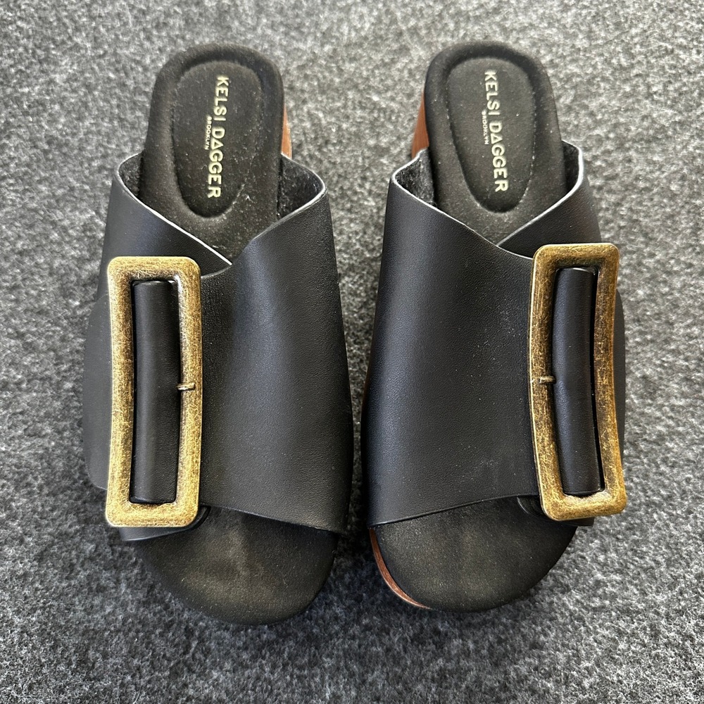 Kelsi Dagger Brooklyn Black Leather Platform Slide Buckle Sandals Size 6 36.5